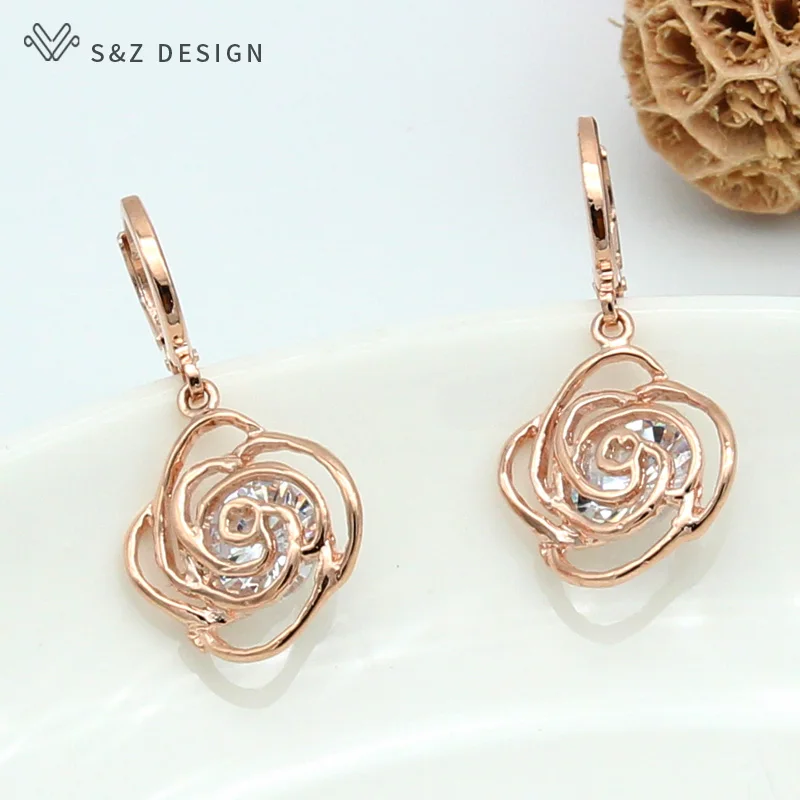 S&Z Spring New 6 Color Rose Flower 585 Rose Gold Cubic Zircon Earrings Korean For Women Fashion Fine Cute Jewelry