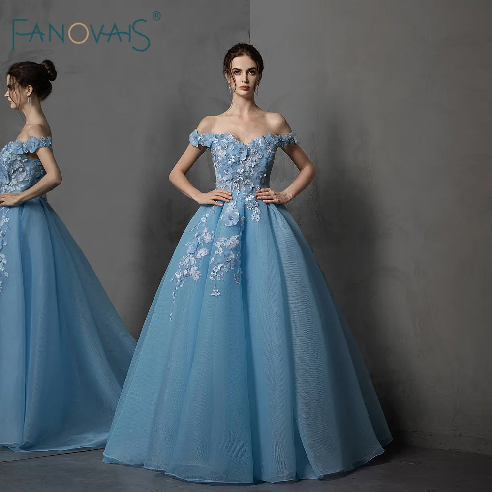 

Blue Evening Dress 2019 Off the Shoulder A-Line Crystal Beaded 3d Flower Lace Formal Evening Gown Long Vestido de noche NE66