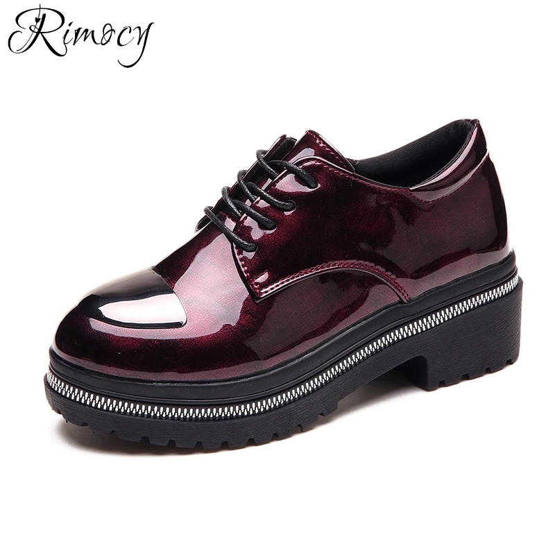 

Rimocy vintage red patent leather waterproof ankle boots women square med heels lace up platform short boots shoes woman casual