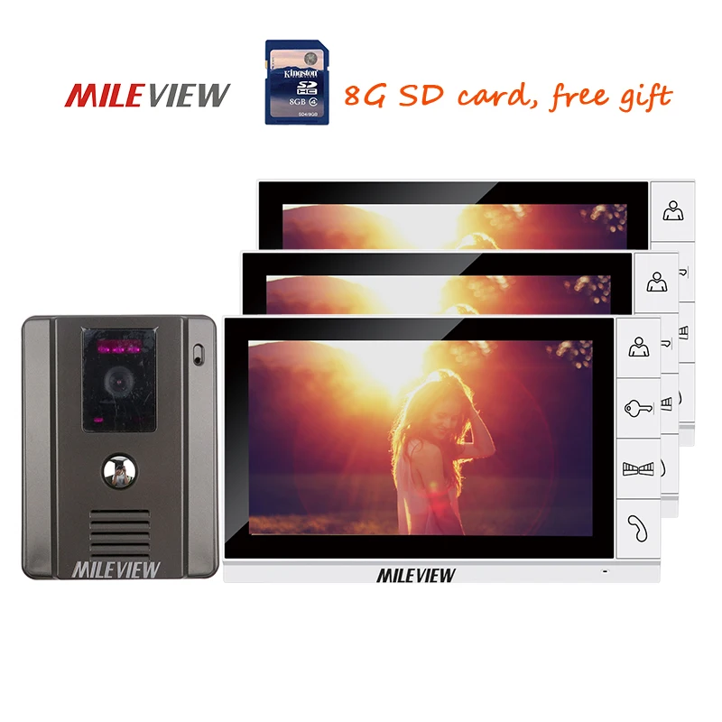 

Free Shipping New 9" Color Recording Screen Video Door Phone Intercom System + Night Vision Door Camera + 3 White Monitors + 8G