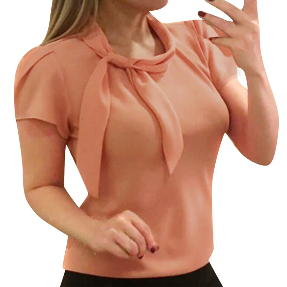 Женская шифоновая блузка с бантом и коротким рукавом топы для лета-MX8