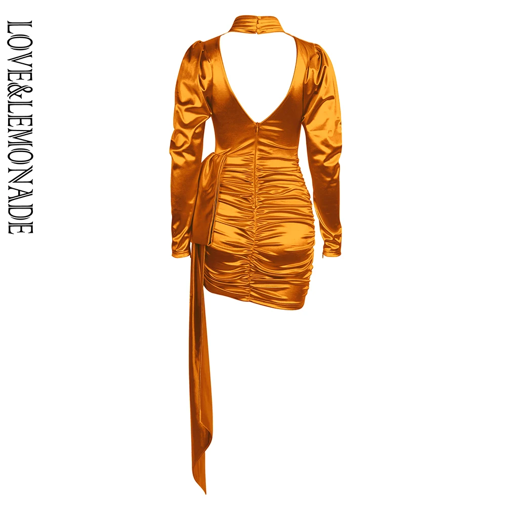 Love& Lemonade сексуальные открытые сзади Высокий воротник с пышными рукавами Bodycon Вечерние платья LM81733-1 оранжевый