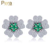 Pera Модный корейский стиль дамы костюм ювелирные изделия Большой милый цветок серьги с цирконием кубической огранки с зеленым камнем проложили E202
