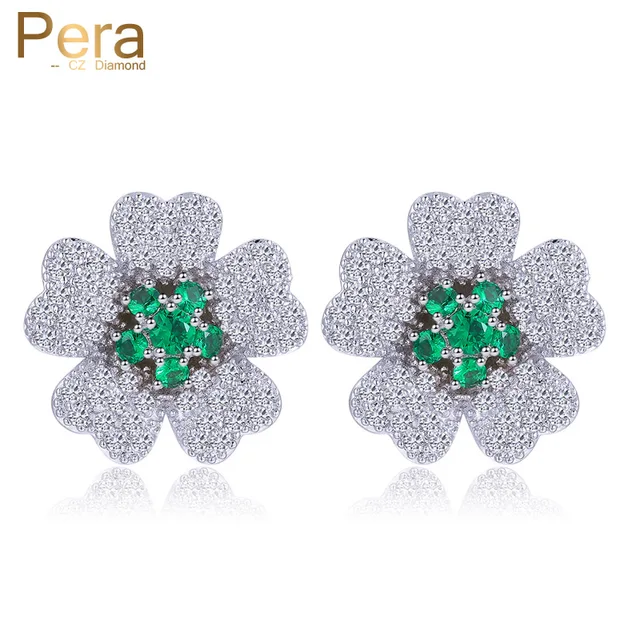 Pera Trendy Korean Style Las Costume Jewelry Cute Flower Pera Trendy Korean Style Las Costume Jewelry Cute Flower Cubic Zirconia Stud Earrings With Green