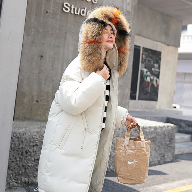 Длинная модная зимняя куртка с капюшоном, женская теплая зимняя парка с меховым воротником и карманами, женские хлопковые пальто больших размеров - Цвет: Белый
