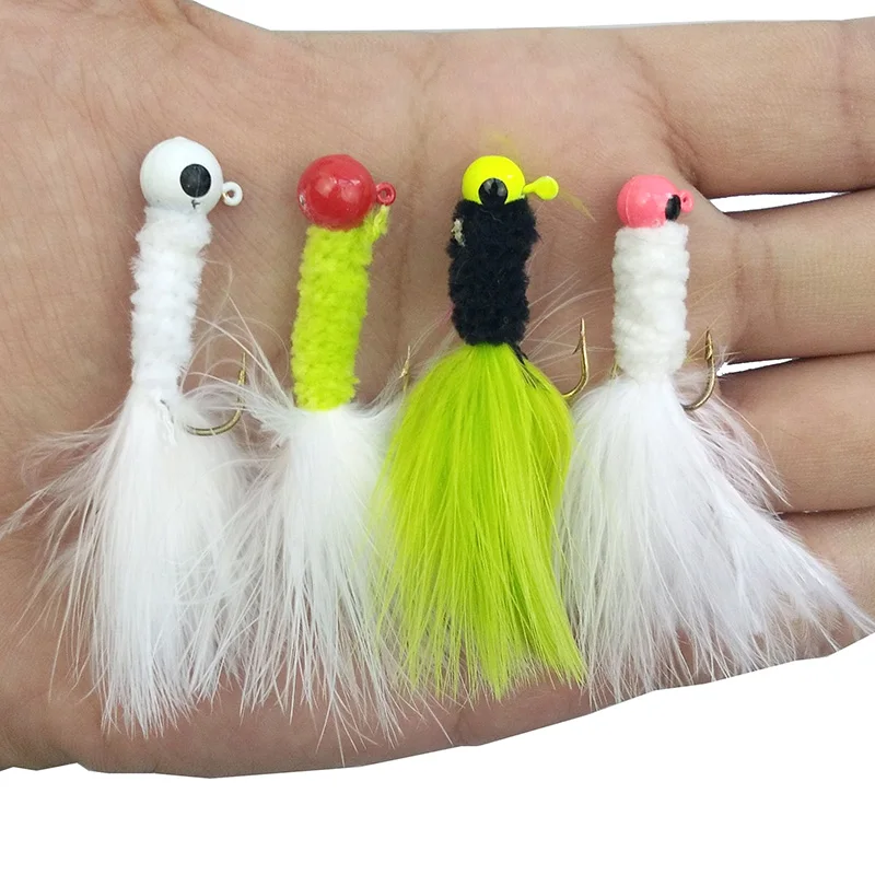10pcs 3D Eyes Lead Jig Head Hooks With Feathers Sea Fishing Mixed Color