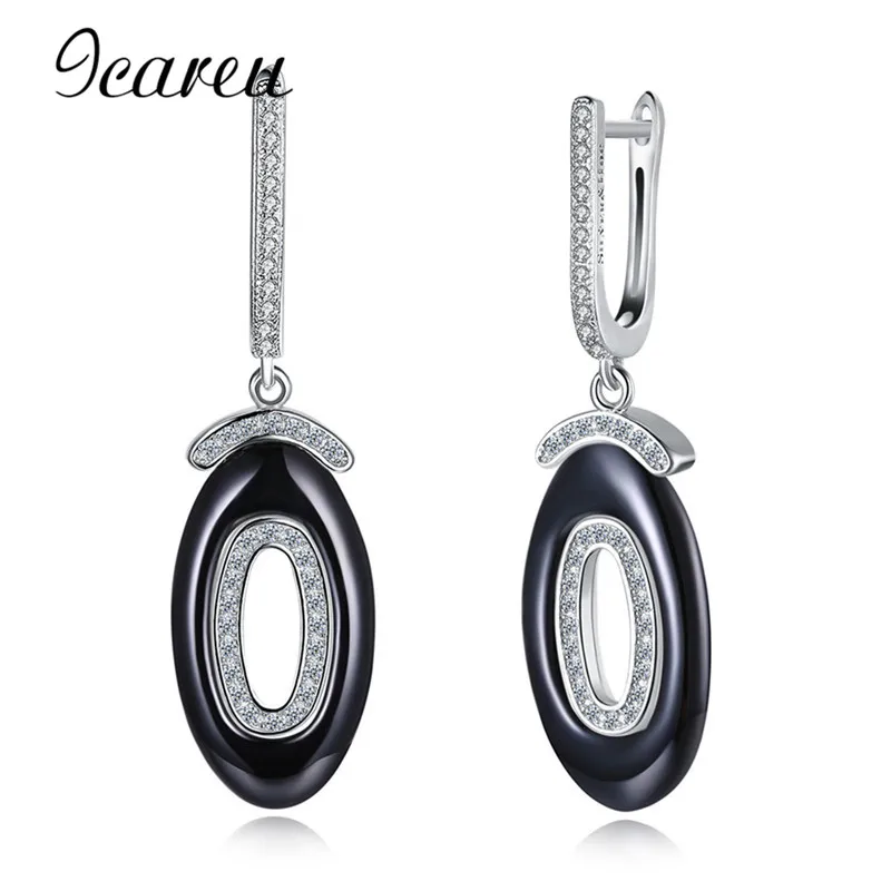 Fine 925 Sterling Silver Fashion White/Black Ceramic Earrings With