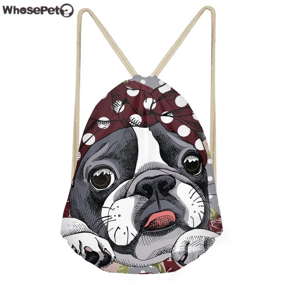 WhosePet Women Backpack 3D Puppy Boston Terrier Print Drawstring