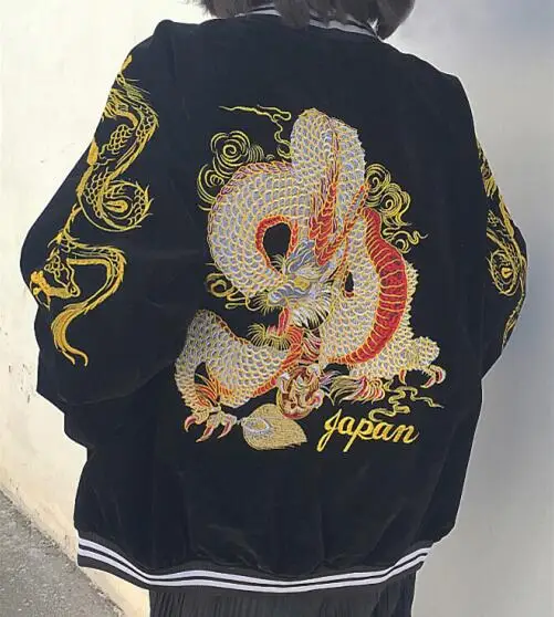 

Harajuku Punk Japanese Style Jacket Yokosuka Embroidery Dragon Zipper Bomber Baseball Jacket Lovers Jacket