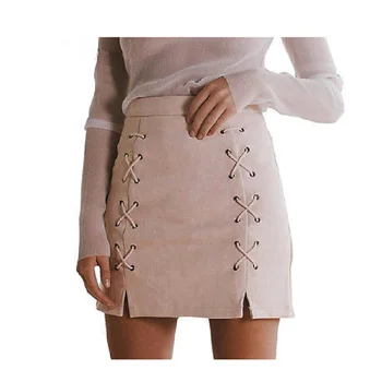 

Women Leather Suede Pencil Mini Skirt 2019 Vintage Cross High Waist Short Bodycon Zipper Lace Up Split Fashion Short Sexy Skirts