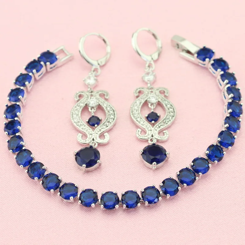 ASHLEY Fashion Dark Blue Stone 925 Sterling Silver Jewelry Sets For Women Crystal Earring Sets