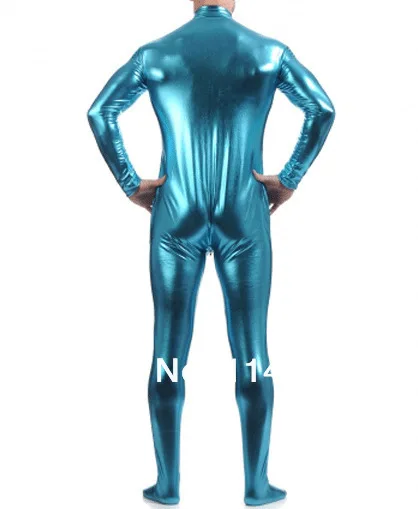 Синий Fornt молния Блестящий металлический облегающий костюм зентай мужской комбинезон