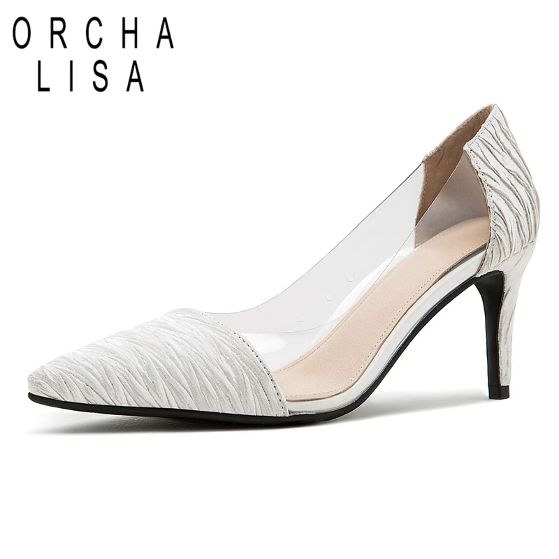 

ORCHA LISA Lady Sexy Genuine Leather Transparent Retro Clear pointed Closed Toe Thin High Heels Single Shoes Women Pumps Party