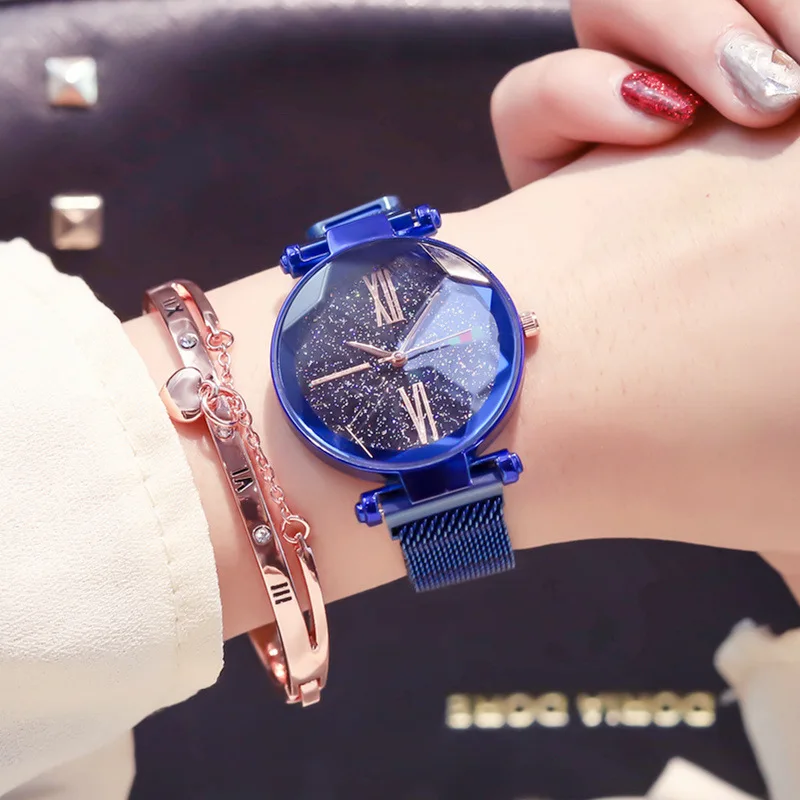 Роскошные модные женские часы из розового золота с магнитной пряжкой на ремешке от бренда Ulzzang, женские водонепроницаемые наручные часы с римскими цифрами и звездным небом