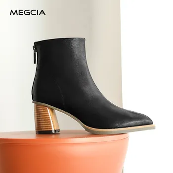 

MEGCIA 2019 Autumn Ladies Winter Boots Genuine Leather High Heels Boots Women Pointed Toe Ankle Boots Black Brown Shoes MA945