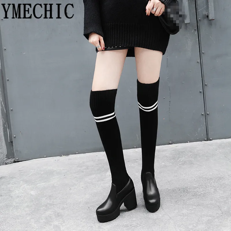 Женские вязаные ботфорты YMECHIC на блочном каблуке женская обувь платформе женские