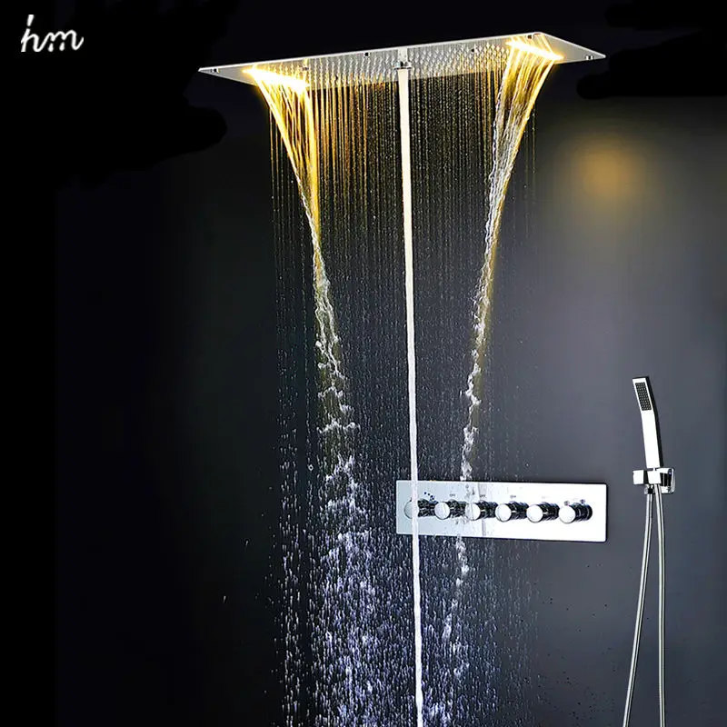 Bathroom Faucet Bathroom Shower Faucet Set Thermostatic Mixing Valve Bathroom Accessories Ceiling LED Shower System Set Thermostatic Mixer Valve Faucet Rainfall Waterfall Shower Head Panel