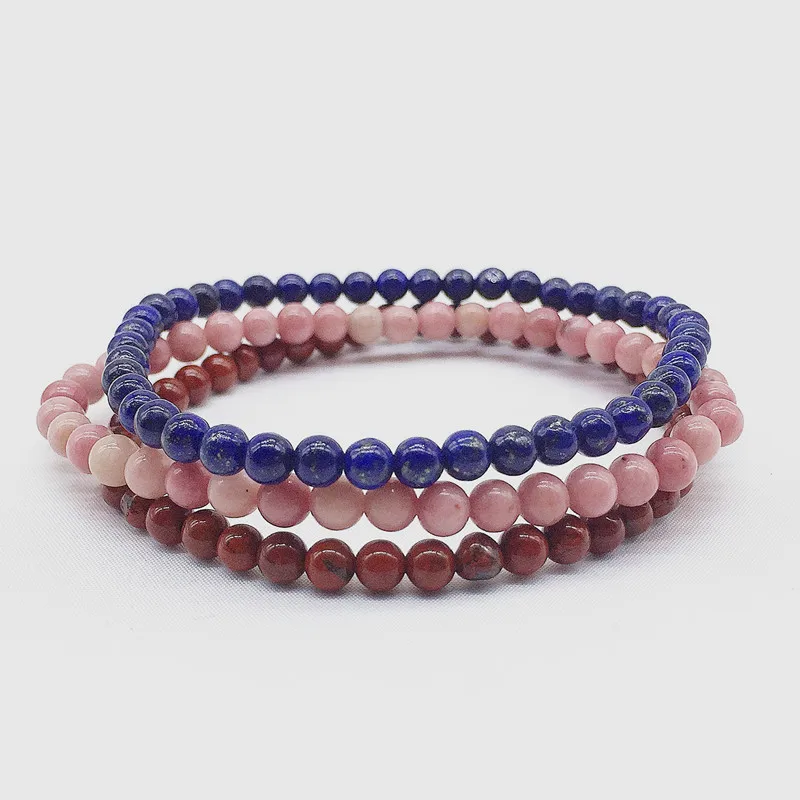 

Women Bracelet sets 4 mm Healing Energy Nature Lapis Rhodonite Red Jaspers Beads Women girls Jewelry gifts 3 pcs / set