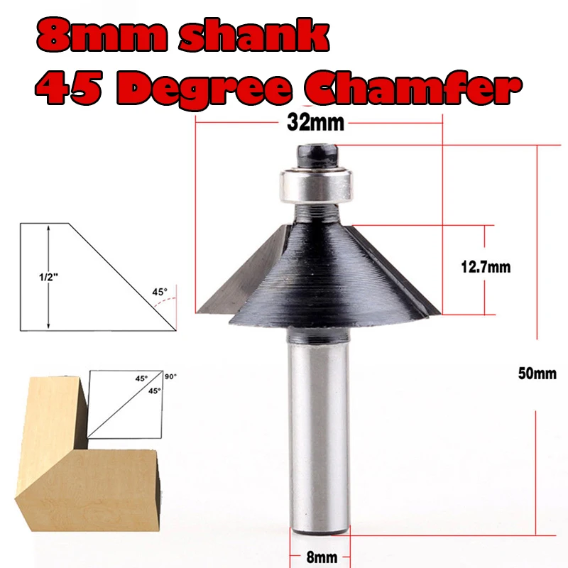 8mm Shank 45 Degree Chamfer Bevel Edging Router Bit Wood Cutting Tool Woodworking Router Bits