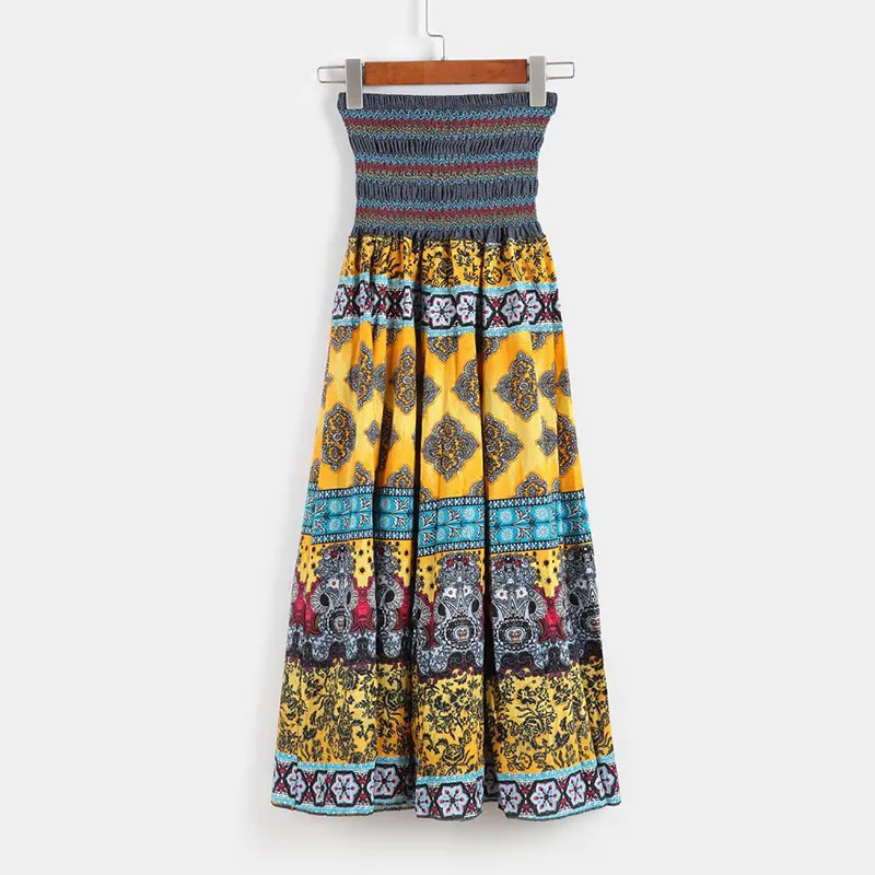 Boho Floral A-line Women's Maxi Skirt Elastic High Waist Sashes Vintage Pleated Womens Skirts 2020 Summer Fashion Clothes Female