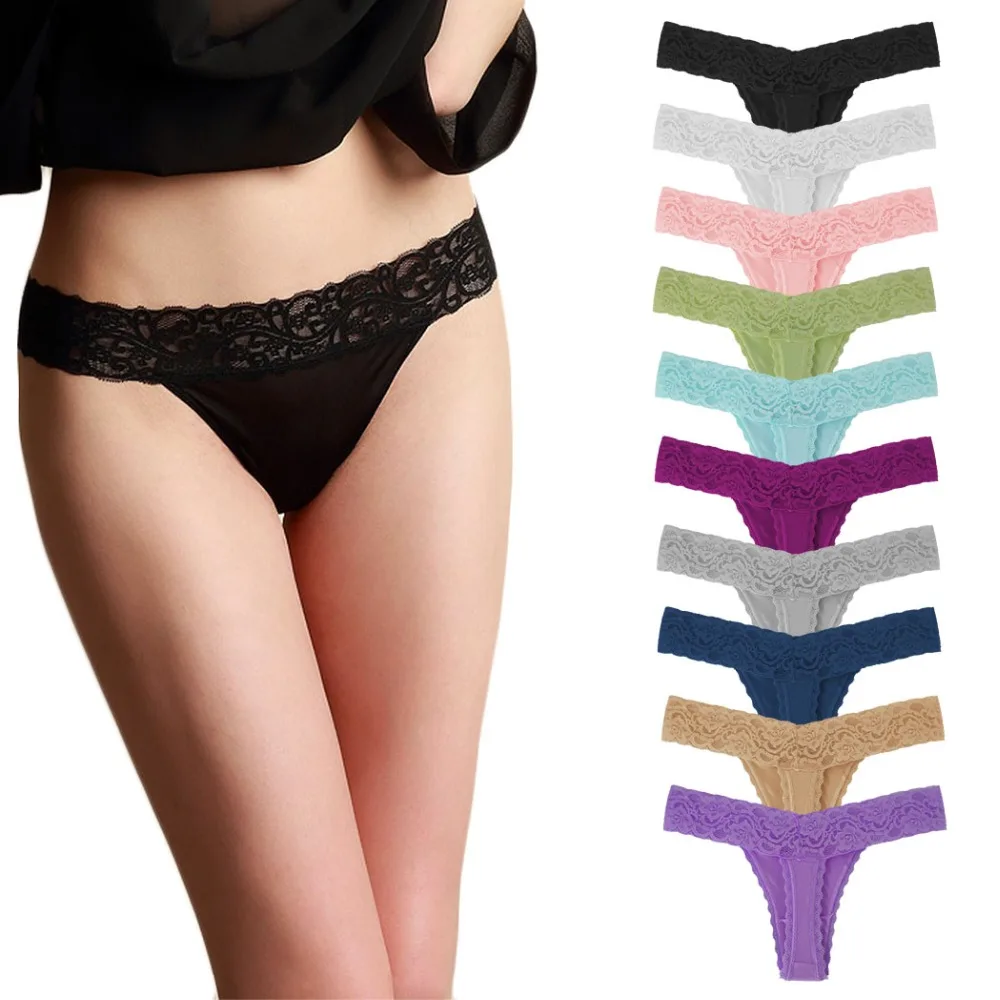10 Pcs/Pack Elegant Lace Cotton Women G String Thong Plus Size Panties Underwear Sexy Modis Underpants Ladies Tangas Lingerie