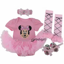 Летние Стильные Платья для новорожденных, одежда для малышей, комбинезон для девочек, розовое платье-пачка с Минни Маус+ леггинсы в горошек+ обувь+ повязка на голову, комплект из 4 предметов