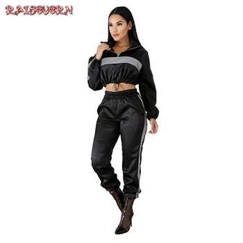 

RAISEVERN 2019 Reflective Tracksuit 2 Two Piece Set Women Clothes Black Crop Top+Pants Sweat Suit Sexy Club Outfits Matching Set