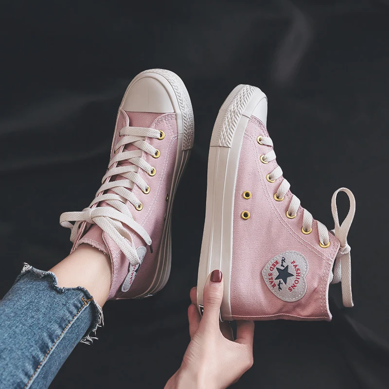 

Women Canvas Shoes New Spring 2019 Lady Sneakers Candy Color High Top Lace Up All Match Basic Style Solid Color Pink Shoes 35-40