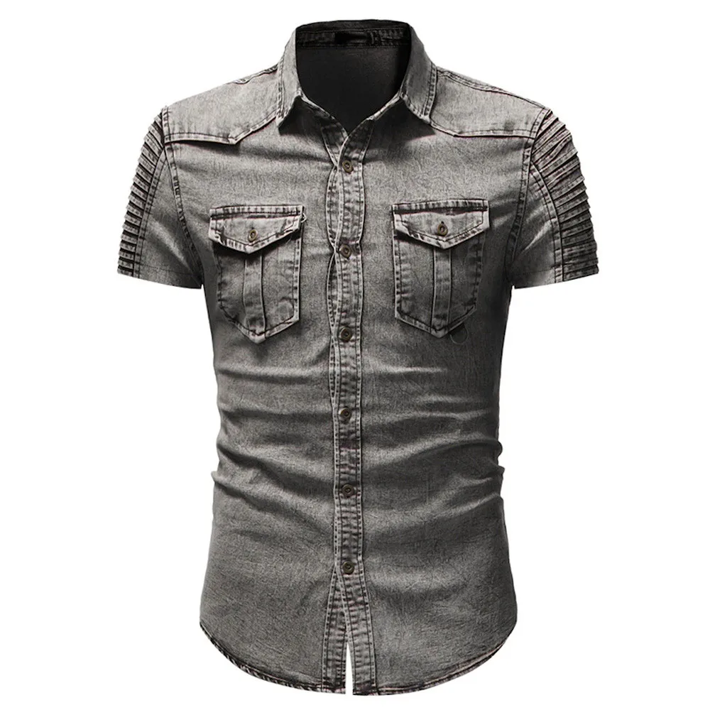 

MUQGEW 2019 fashion denim shirts men short sleeves Men's Casual Slim Fit Button Shirt With Pocket Short Sleeve Tops Blouse#g4