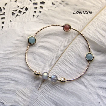 

14.5cm-15.5cm pure 925 silver Natural semi-precious stones Strawberry crystal Pink Moonlight stone bracelet lovers best gift