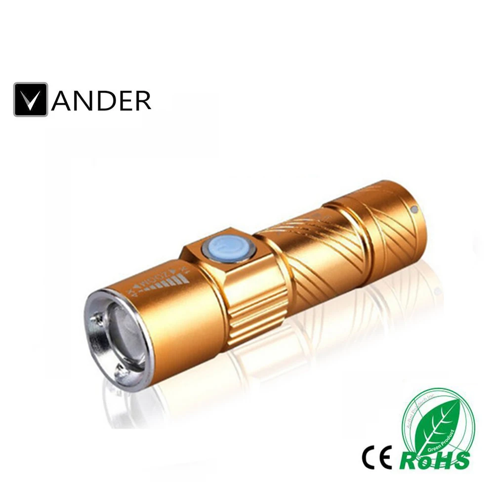 10x USB Handy LED Flashlight Mini Rechargeable LED Torch 3 Modes Zoomable Pocket Flash light For Bike Camping Hunting Black Gold (12)