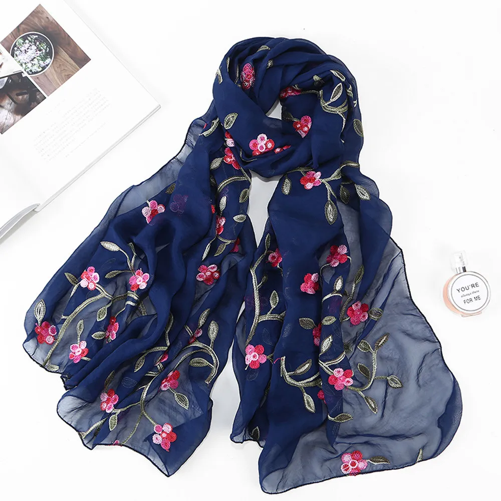 Зимний женский шифоновый шарф с цветочной вышивкой, шарф хиджаб, повязка на голову, Женский мусульманский хиджаб шарф - Цвет: Navy