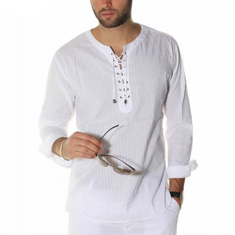 CYSINCOS, мужская белая рубашка с длинным рукавом, хлопок, повседневные тонкие топы, на шнуровке, плюс размер, одноцветная, на завязках, мужская рубашка, chemise homme - Цвет: White