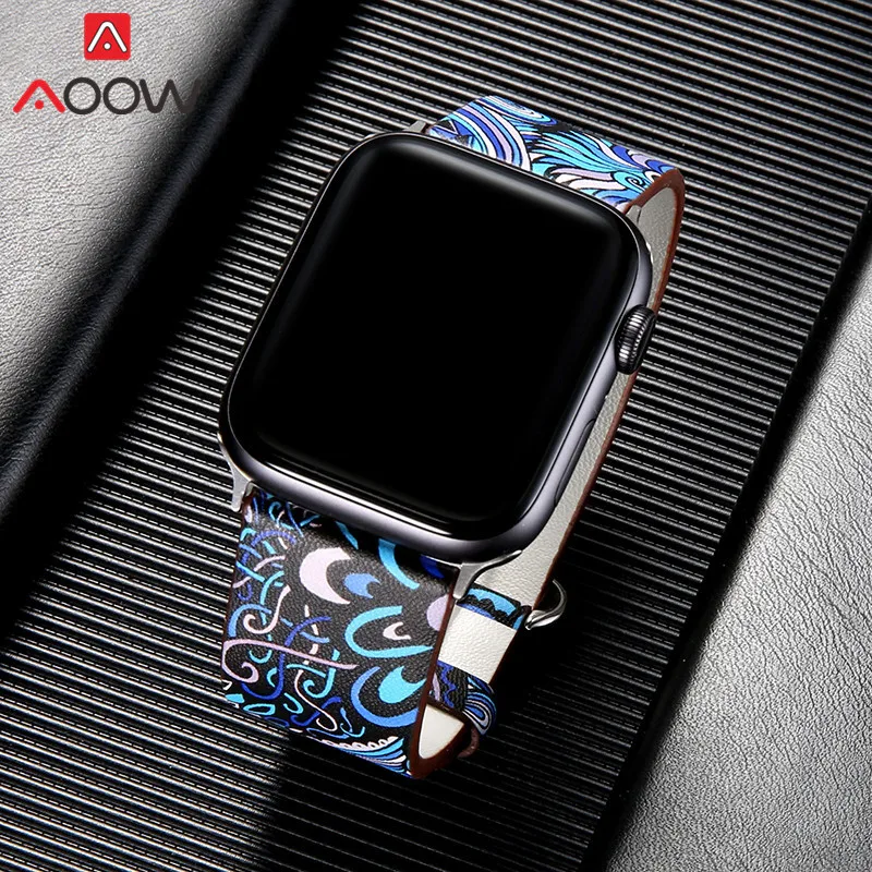 Кожаный ремешок для Apple Watch 38 мм 42 40 44 браслет с цветочным принтом в национальном