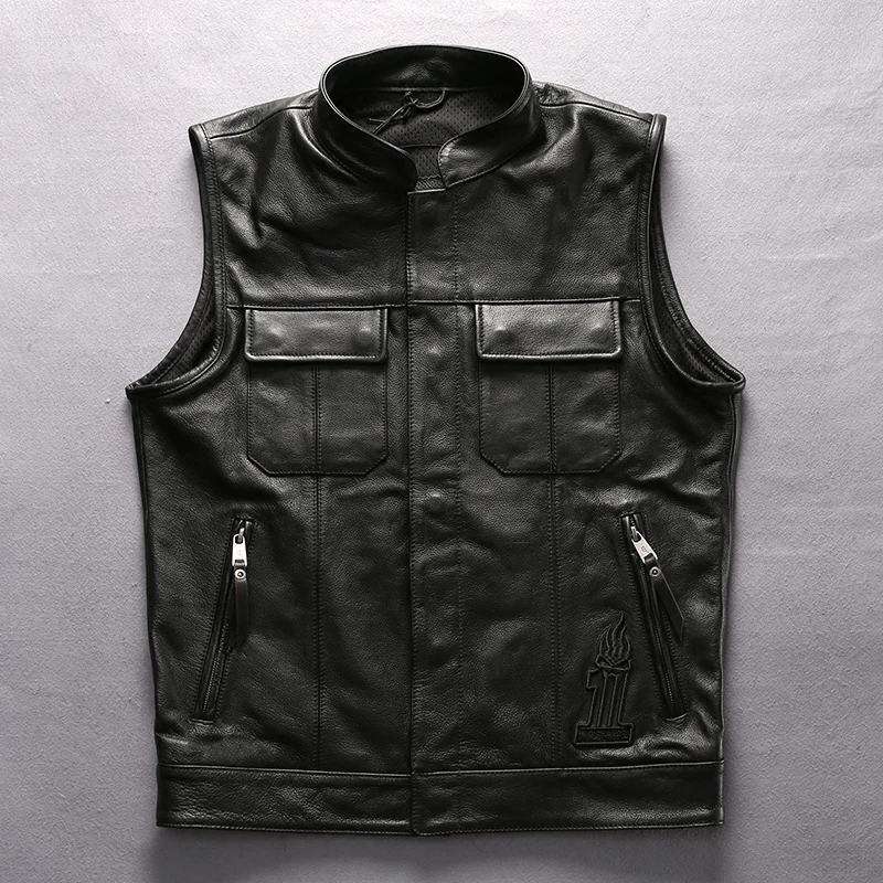 

2018 HARLEY ANGEL Fashion Leather Vest Men Slim Fit Solid Cowskin Leather Motorcycle Biker Vest Standing collar Short Coat