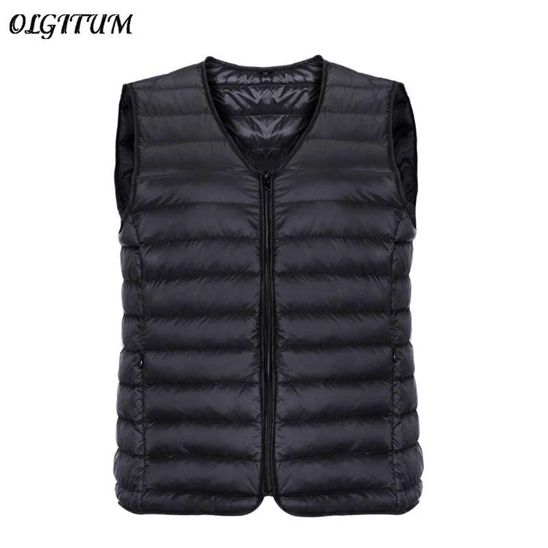 Kopen Merk Winter Jas Vest Mannen 90% Witte Eendendons Ultra Licht Vest Draagbare V hals Mouwloze Jas Mannelijke Ongedwongen Rits Vest