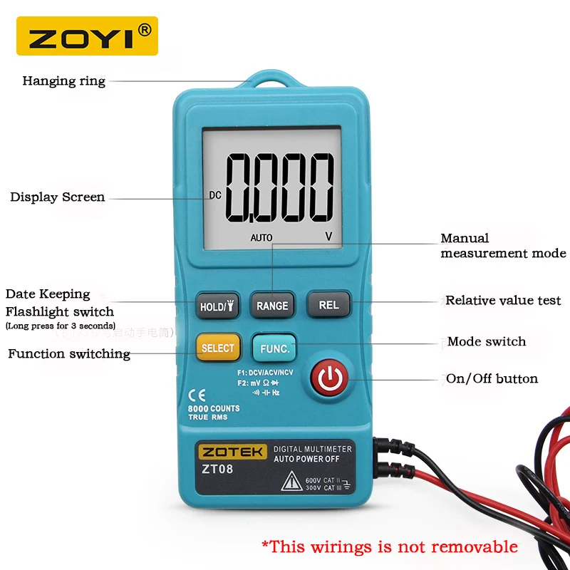 

ZOYI ZT08 Portable Automatic Digital Multimeter True-RMS 8000 Counts AC DC Voltmeter Ohm Voltage Frequency Meter with LED Light