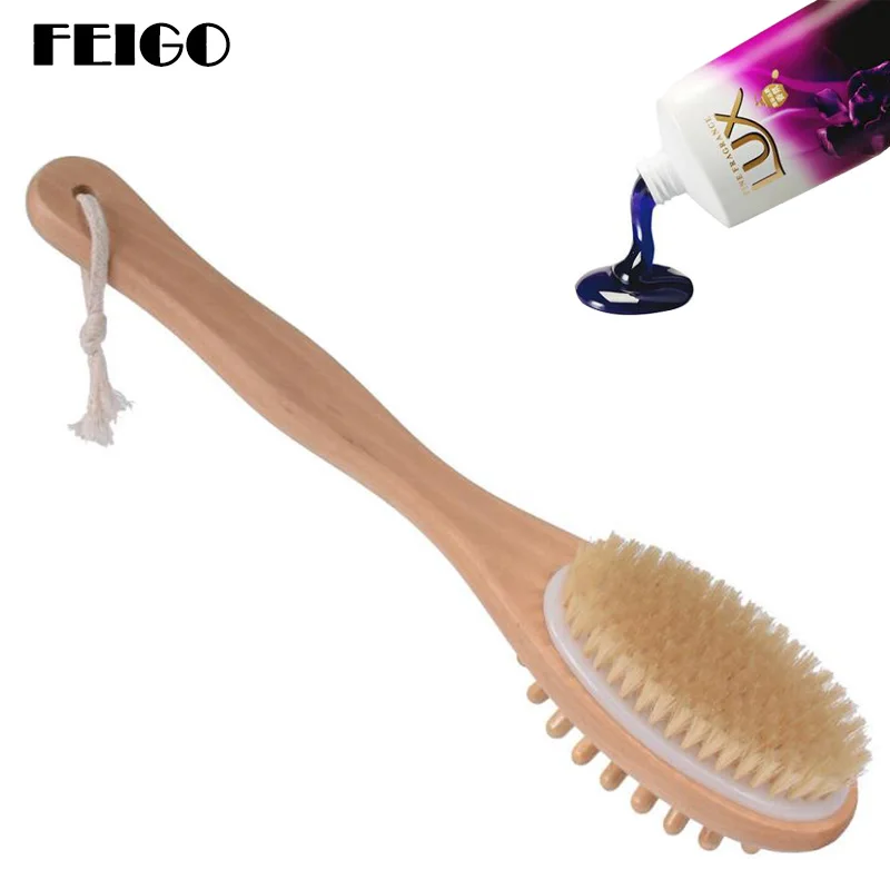 

FEIGO Double-Sided Bath Brush Natural Wooden Long Handle Brush Scrub Massage Shower Body Back Brush Bathroom Accessories F861