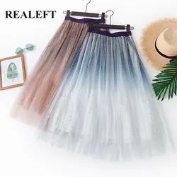 REALEFT Новое поступление женские элегантные расшитые блестками градиентные трапециевидные юбки с высокой талией сетчатые вечерние юбки