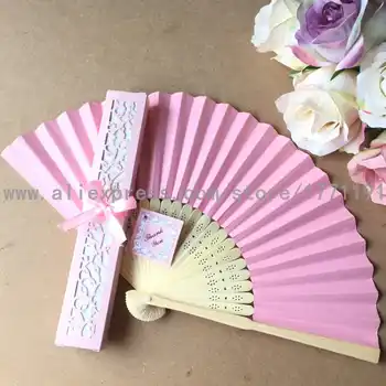 Free shipping 50Sets/Lot bamboo folding paper fan wedding gift hand fan with Luxury Paper Gift Box + thank you card + ribbon