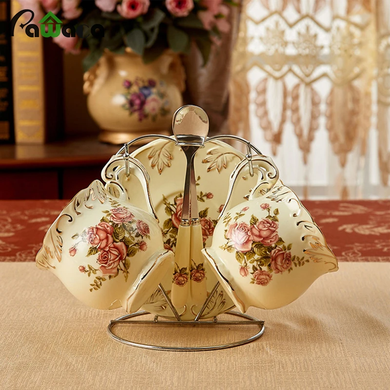 

European Royal Luxury Tea Set Porcelain Ceramic Flower Coffee Cups Set with Spoon Saucer Metal Holder Home Weeding Decoration
