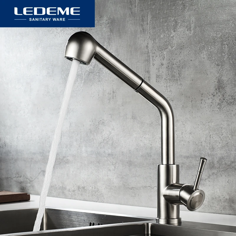 filtered water tap kitchen LEDEME Kitchen Faucet Swivel Spouts Sprayer Brushed Nickel Deck Mounted Vessel Sink Stainless Steel Faucets Mixer Tap L76014 plate rack wall