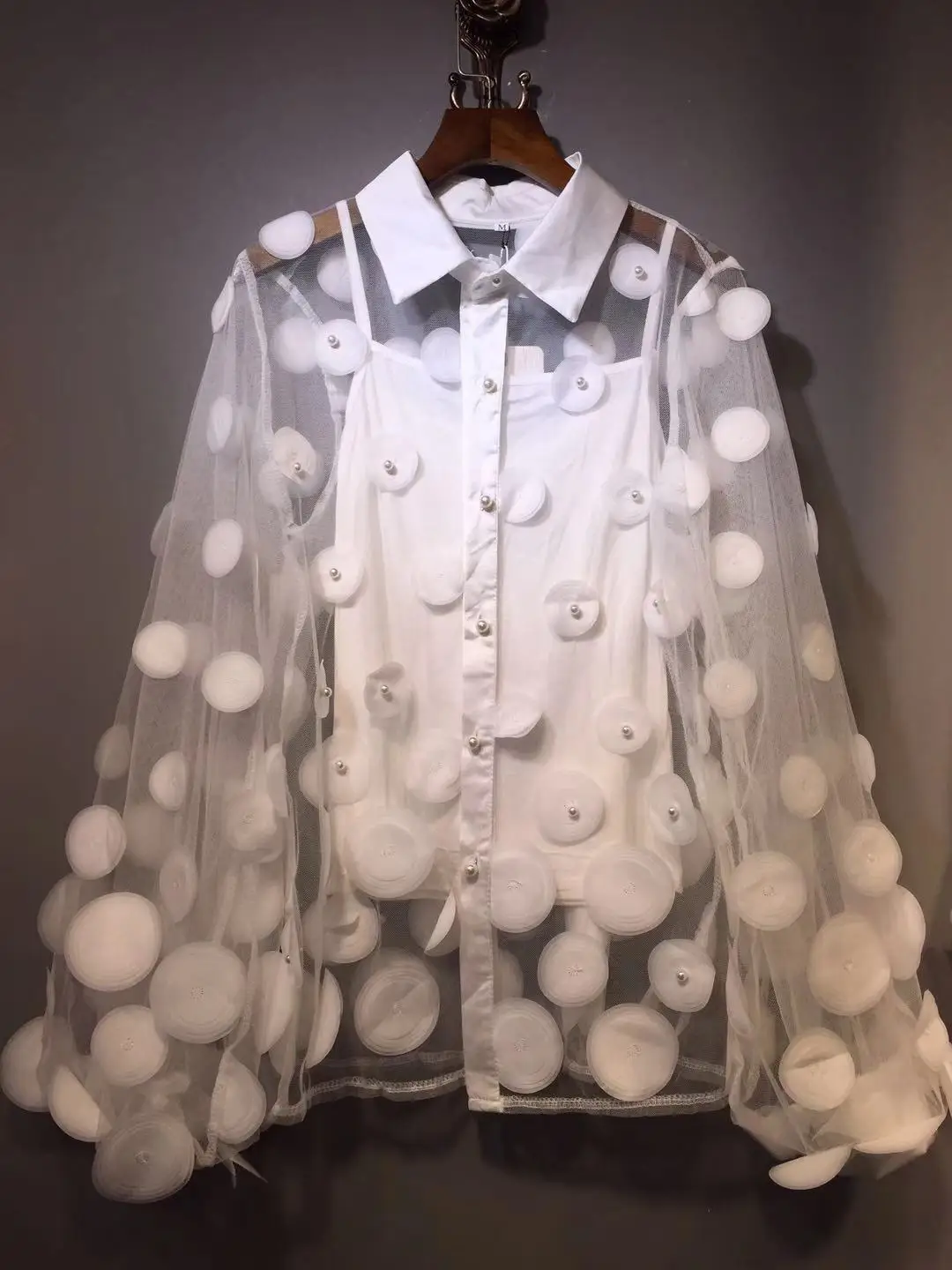 [LIVIVIO] Повседневная сетчатая блузка с отложным воротником, рубашка, сексуальная Цветочная жемчужная женская блузка с рукавом-фонариком, женский летний топ