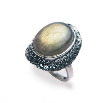 

Genuine Strong Light Natural Labradorite Rings Women Men Adjustable Size Silver Jewelry Wedding Party Ring Drop Shipping