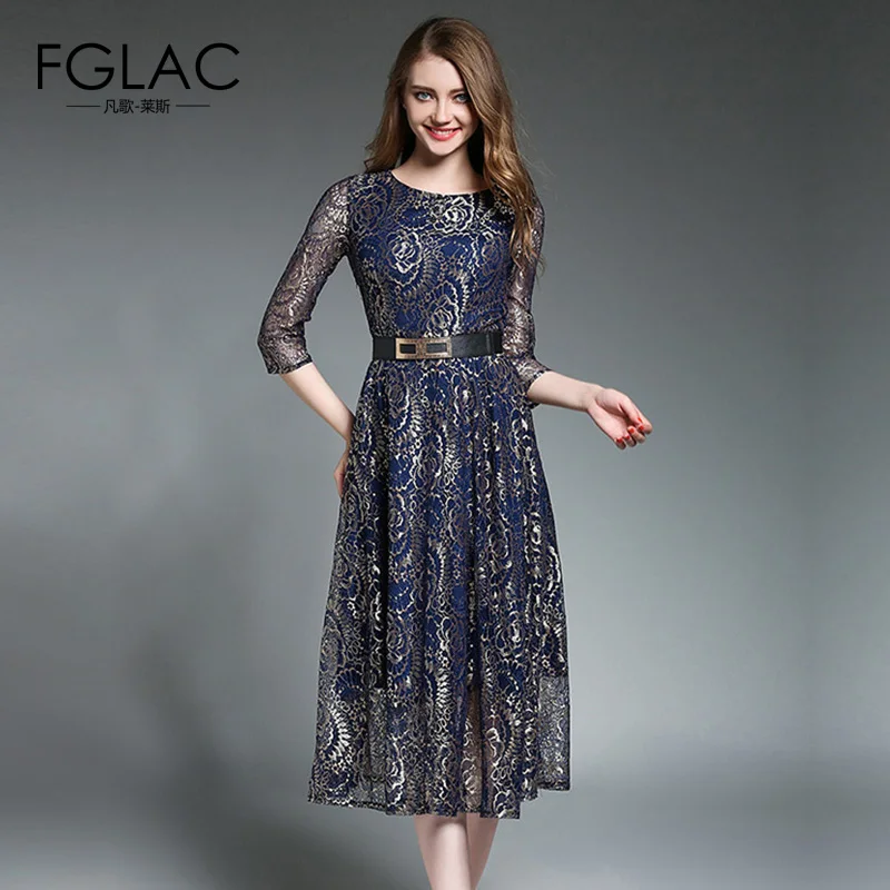 FGLAC Vintage dress New Arrivals 2018 Spring Fashion Hollow out lace dress Elegant Slim High waist long dress women vestidos
