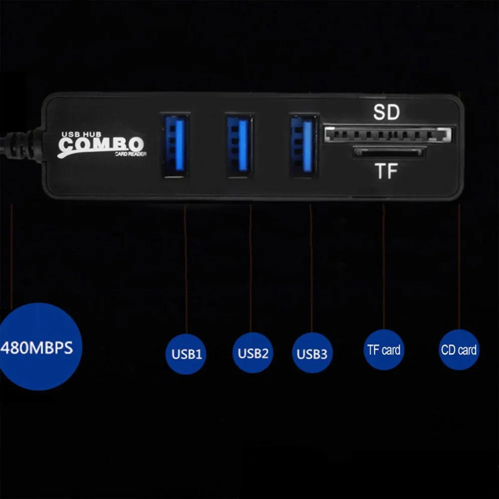 1 шт. черный 3 Порты и разъёмы USB 2,0 Hub разветвитель Combo USB 3 Порты 3,1 Тип C OTG кабель памяти SD/TF кард-ридер для iMac MacBook для Android C26