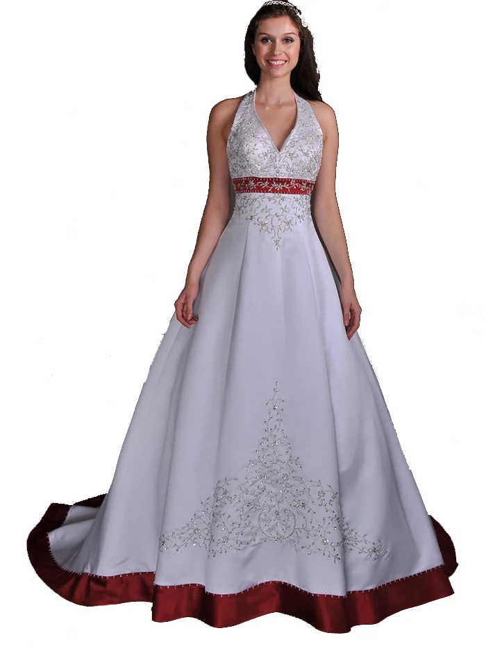 Винтажное свадебное платье белое и красное трапециевидной формы с буксировкой V