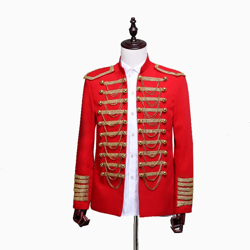 Костюм Принца стимпанк, военная куртка с кисточками, украшенная цепочками, пальто певицы, поп-звезды, блейзер, костюмы, Королевский наряд для мужчин, черный - Цвет: Red