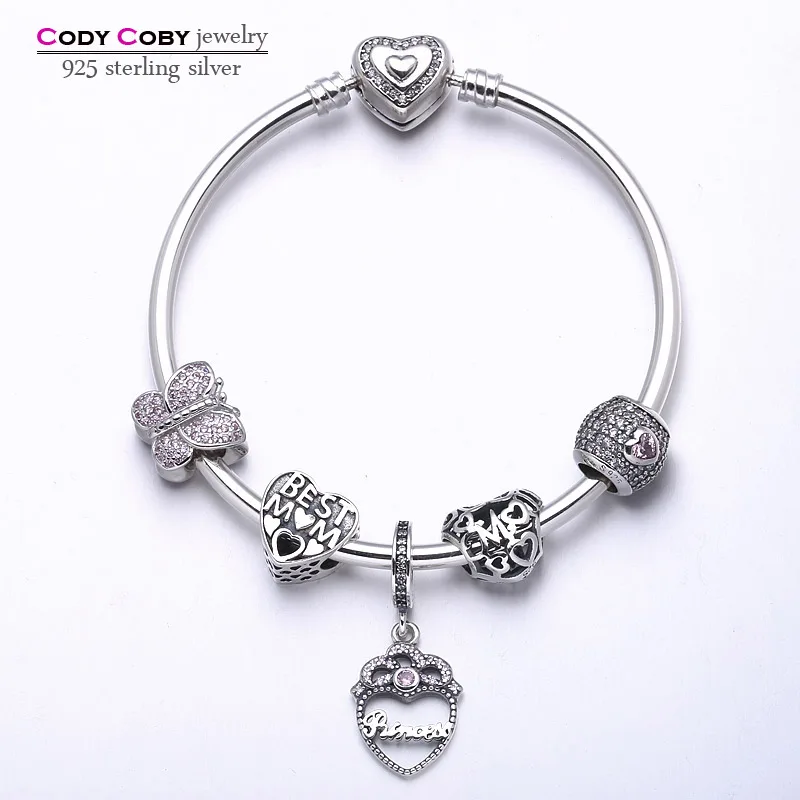 New 925 Sterling Silver Bracelets & Bangles With MUM Love Charm Beads
