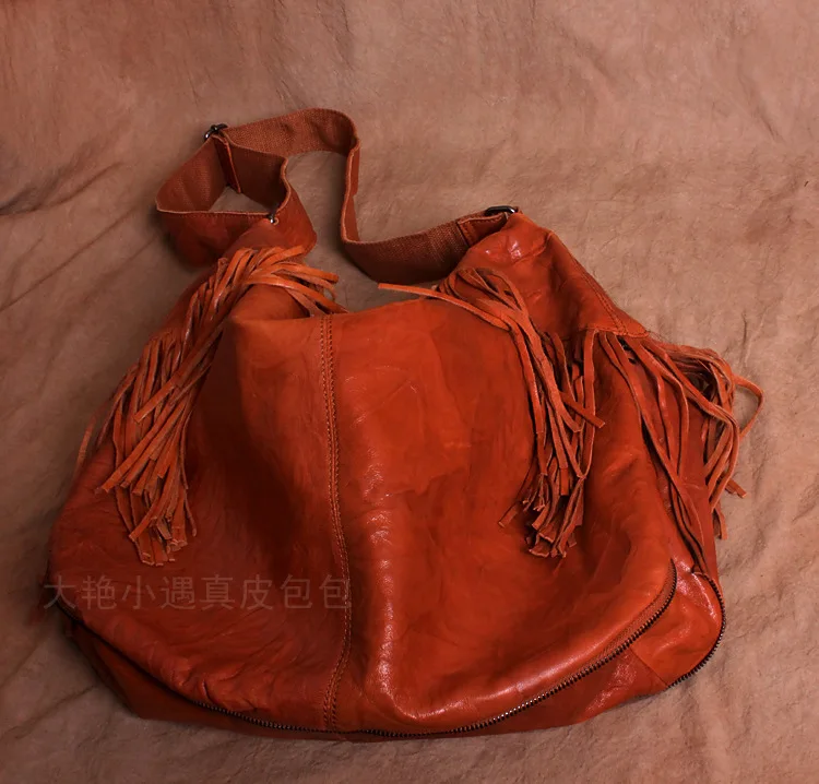Большая винтажная сумка из натуральной кожи с кисточками, большая сумка из овчины, женские сумки-мессенджеры, сумка-мешок, размер 61*40*17 см - Цвет: Коричневый